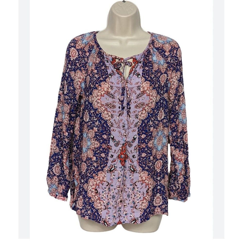 Bohemian Floral Print Lavender and Navy Peasant Blouse